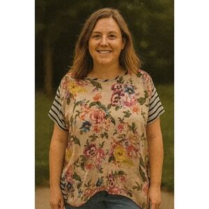 Metaphor Women Large One-Sided Floral Stripe Beige Shirt Casual Summer Thrashed